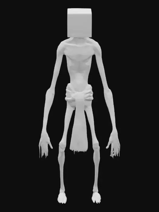 3D model for A gaunt, humanoid figure stands in T-pose, skin pale and stretched over sharp bones. Its head is encased in a massive, ornate metal helmet, squared and ancient, etched with dark patterns. Only one hand reaches from within, bony and pink, touching its lipless mouth. A ragged cloth drapes from its waist, tattered and stained. Its limbs are unnaturally long, feet bare and red. The form feels tragic, a relic cursed to wander in silence