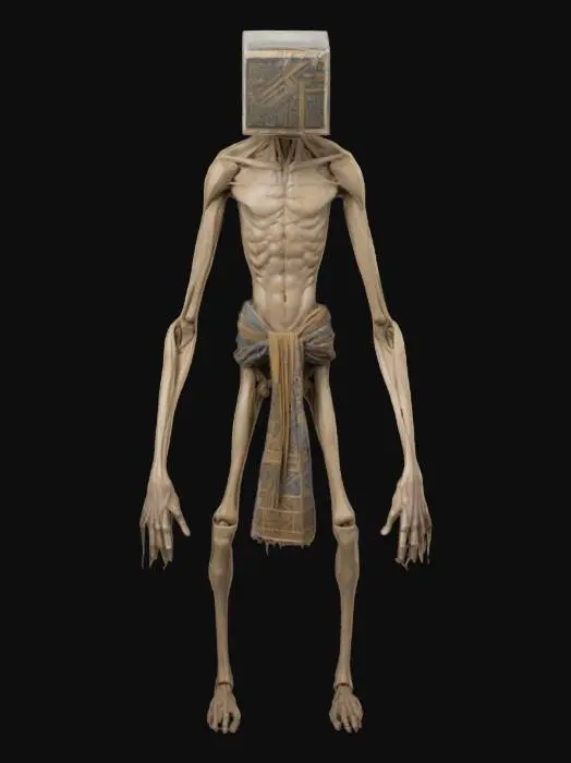 3D model for A gaunt, humanoid figure stands in T-pose, skin pale and stretched over sharp bones. Its head is encased in a massive, ornate metal helmet, squared and ancient, etched with dark patterns. Only one hand reaches from within, bony and pink, touching its lipless mouth. A ragged cloth drapes from its waist, tattered and stained. Its limbs are unnaturally long, feet bare and red. The form feels tragic, a relic cursed to wander in silence