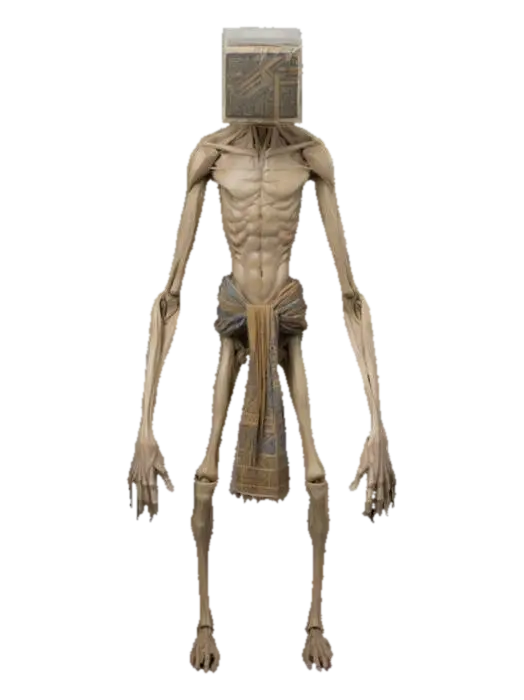 A gaunt, humanoid figure stands in T-pose, skin pale and stretched over sharp bones.… - Cursed 3D model, vytvořený pomocí AI