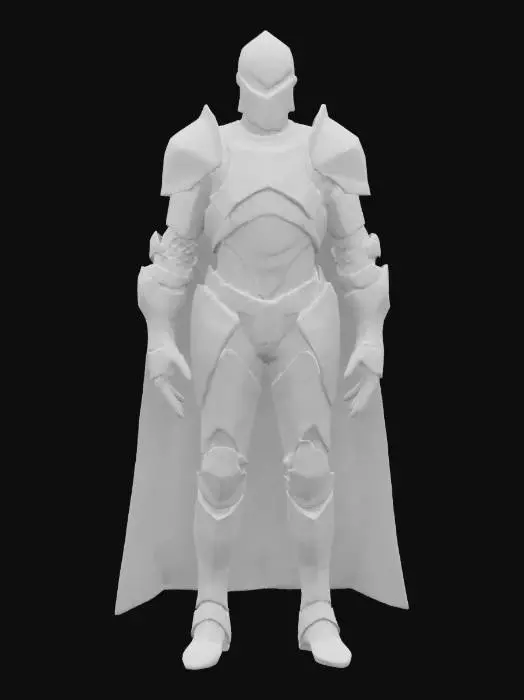 3D model for full body Knight in T-pose, designed with smooth, matte iron armor shaped like folded paper minimalist yet strong. Helmet is angular with a single glowing slit for vision. Chestplate is flat with layered square plates. Limbs are slim, with jointed segments like clockwork. Hands end in sharp, elegant fingers. Waist holds small metal plates like scales. Legs are long, ending in pointed boots. Entire body is clean, uniform steel-gray with faint blue edges, giving a calm, futuristic elegance. No cape or cloak