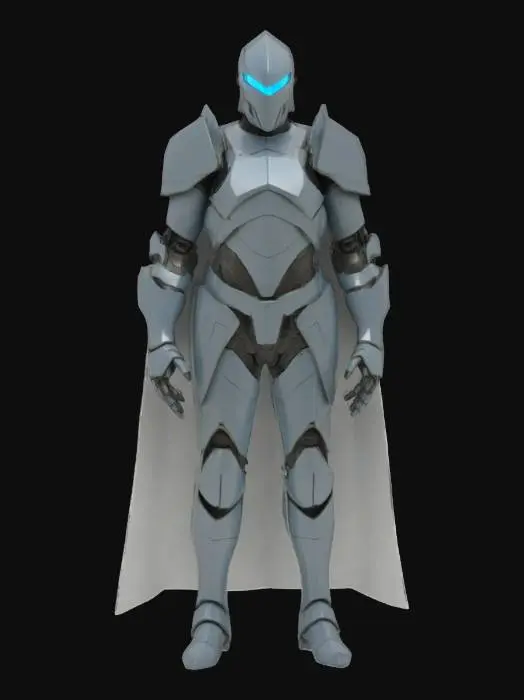 3D model for full body Knight in T-pose, designed with smooth, matte iron armor shaped like folded paper minimalist yet strong. Helmet is angular with a single glowing slit for vision. Chestplate is flat with layered square plates. Limbs are slim, with jointed segments like clockwork. Hands end in sharp, elegant fingers. Waist holds small metal plates like scales. Legs are long, ending in pointed boots. Entire body is clean, uniform steel-gray with faint blue edges, giving a calm, futuristic elegance. No cape or cloak