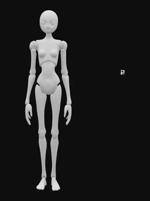 3D model for Character in T-pose, body tall and thin with smooth ceramic-like skin in pale gray. Limbs are long and jointed with visible seams, resembling a puppet. Head is oval, featureless except for two small glowing eyes. A faint blue light pulses from the chest core. Fingers are long and spindly, slightly curled. Legs end in flat, sandal-like feet. No clothing, only sculpted surface details resembling ancient runes. Style is minimal, clean, and surreal like an alien monk.