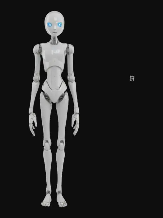 3D model for Character in T-pose, body tall and thin with smooth ceramic-like skin in pale gray. Limbs are long and jointed with visible seams, resembling a puppet. Head is oval, featureless except for two small glowing eyes. A faint blue light pulses from the chest core. Fingers are long and spindly, slightly curled. Legs end in flat, sandal-like feet. No clothing, only sculpted surface details resembling ancient runes. Style is minimal, clean, and surreal like an alien monk.