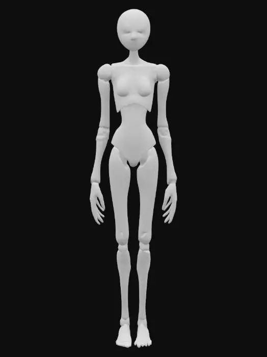 3D model for Character in T-pose, body tall and thin with smooth ceramic-like skin in pale gray. Limbs are long and jointed with visible seams, resembling a puppet. Head is oval, featureless except for two small glowing eyes. A faint blue light pulses from the chest core. Fingers are long and spindly, slightly curled. Legs end in flat, sandal-like feet. No clothing, only sculpted surface details resembling ancient runes. Style is minimal, clean, and surreal like an alien monk.