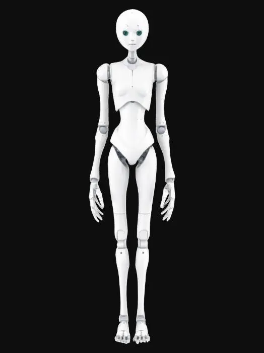 3D model for Character in T-pose, body tall and thin with smooth ceramic-like skin in pale gray. Limbs are long and jointed with visible seams, resembling a puppet. Head is oval, featureless except for two small glowing eyes. A faint blue light pulses from the chest core. Fingers are long and spindly, slightly curled. Legs end in flat, sandal-like feet. No clothing, only sculpted surface details resembling ancient runes. Style is minimal, clean, and surreal like an alien monk.