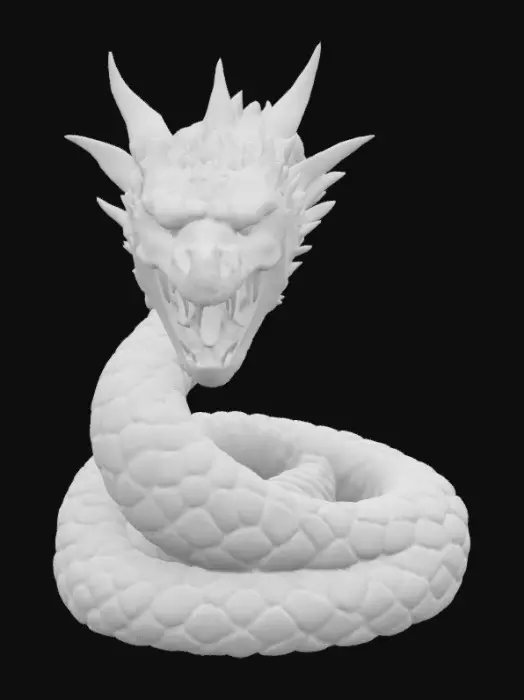3D model for A stone sculpture of knoted great serpent with opened mouth having two fangs 