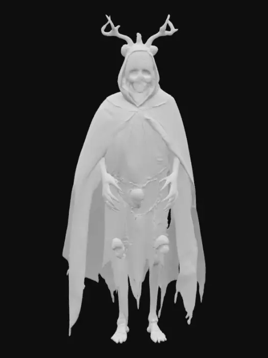 3D model for The figure is tall and thin, draped in a cloak made of charred parchment that rustles softly. Instead of a head, it bears an iron cage filled with candle-lit skulls, smoke rising from their mouths. Its hands are gray, skin stretched over bone, with black veins pulsing faint light. A twisted metal frame arches from its back, chains hanging loose. Its legs resemble those of a deer, ending in cracked hooves that leave ash with each step.