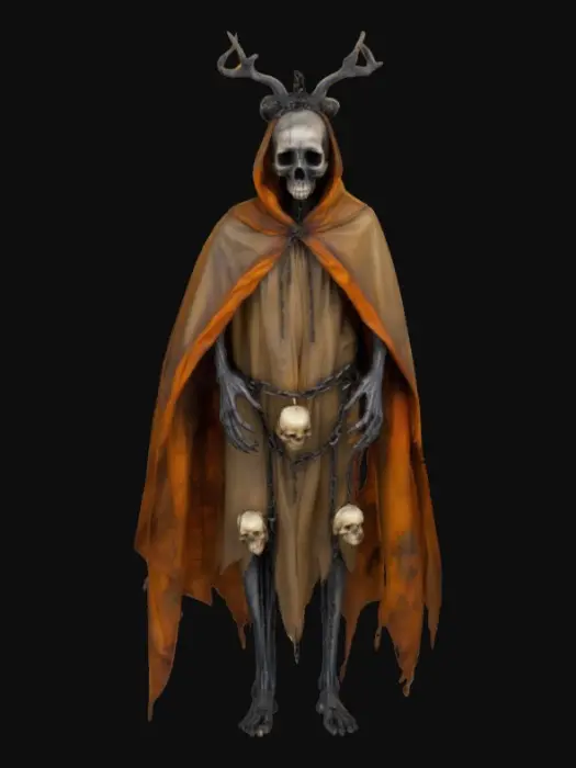3D model for The figure is tall and thin, draped in a cloak made of charred parchment that rustles softly. Instead of a head, it bears an iron cage filled with candle-lit skulls, smoke rising from their mouths. Its hands are gray, skin stretched over bone, with black veins pulsing faint light. A twisted metal frame arches from its back, chains hanging loose. Its legs resemble those of a deer, ending in cracked hooves that leave ash with each step.