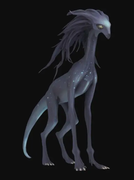 3D model for A slender, tall quadruped with elongated limbs and a tail that splits like drifting long flowing hair. Its skin is dark and smooth, covered in faint, glowing constellations. Its eyes are pitch black and pupil white, absorbing light. He has gliders. Element of scales with patern of mist that flows like a newborn nebula