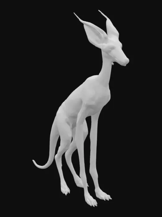 3D model for A slender, tall quadruped with elongated limbs and a tail that splits like drifting long flowing hair. Its skin is dark and smooth, covered in faint, glowing constellations. Its eyes are pitch black and pupil white, absorbing light. He has gliders. Element of scales with patern of mist that flows like a newborn nebula