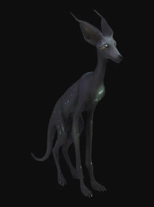 3D model for A slender, tall quadruped with elongated limbs and a tail that splits like drifting long flowing hair. Its skin is dark and smooth, covered in faint, glowing constellations. Its eyes are pitch black and pupil white, absorbing light. He has gliders. Element of scales with patern of mist that flows like a newborn nebula