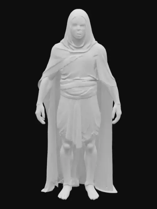 3D model for A lone warden cloaked in frayed cosmic silk, face veiled beneath a cracked glass mask reflecting dying stars. His limbs are thin but elongated, bound with glowing seals that pulse like distant nebulae. One hand drips with stardust corruption. His steps echo like fading prayers