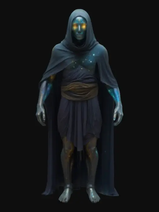 3D model for A lone warden cloaked in frayed cosmic silk, face veiled beneath a cracked glass mask reflecting dying stars. His limbs are thin but elongated, bound with glowing seals that pulse like distant nebulae. One hand drips with stardust corruption. His steps echo like fading prayers