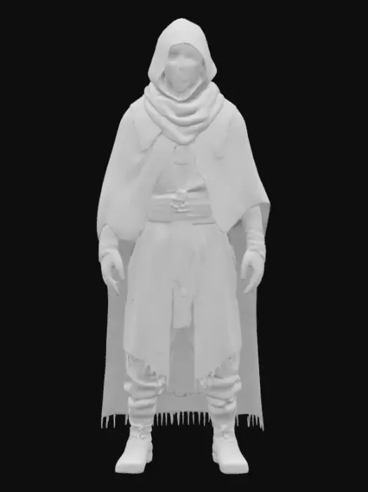 3D model for A lone warden cloaked in frayed cosmic silk, face veiled beneath a cracked glass mask reflecting dying stars. His limbs are thin but elongated, bound with glowing seals that pulse like distant nebulae. One hand drips with stardust corruption. His steps echo like fading prayers