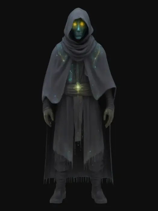 3D model for A lone warden cloaked in frayed cosmic silk, face veiled beneath a cracked glass mask reflecting dying stars. His limbs are thin but elongated, bound with glowing seals that pulse like distant nebulae. One hand drips with stardust corruption. His steps echo like fading prayers
