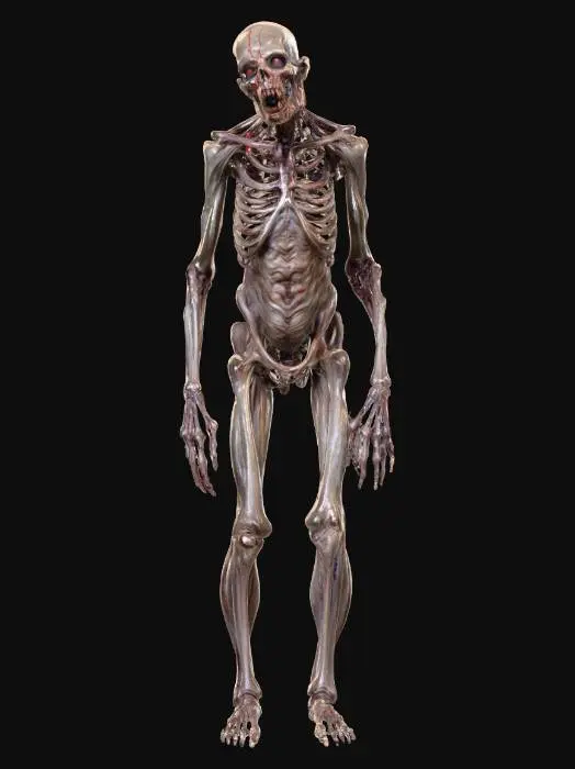 3D model for A twisted cursed creature with a gaunt, elongated body wrapped in tattered flesh and dark bone. Its skin is pale, cracked, and veined with glowing red lines that pulse like fire. Hollow eyes glow faintly, and its mouth stretches unnaturally wide with jagged teeth. Long, clawed limbs bend at wrong angles, dragging as it moves. Black mist seeps from its body, giving it an eerie, haunting .
