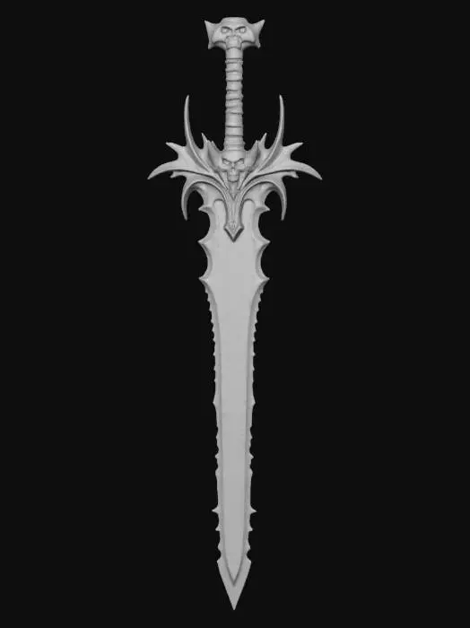 3D model for A dark, demonic long greatsword, forged of jagged black metal with crimson glowing cracks. Its blade is serrated and spiked. The guard is circular with sharp outward thorns, radiating sinister energy. Edges burn with ember-like glow, exuding a cursed, otherworldly presence. The great sword is shaped like cybersigilism.