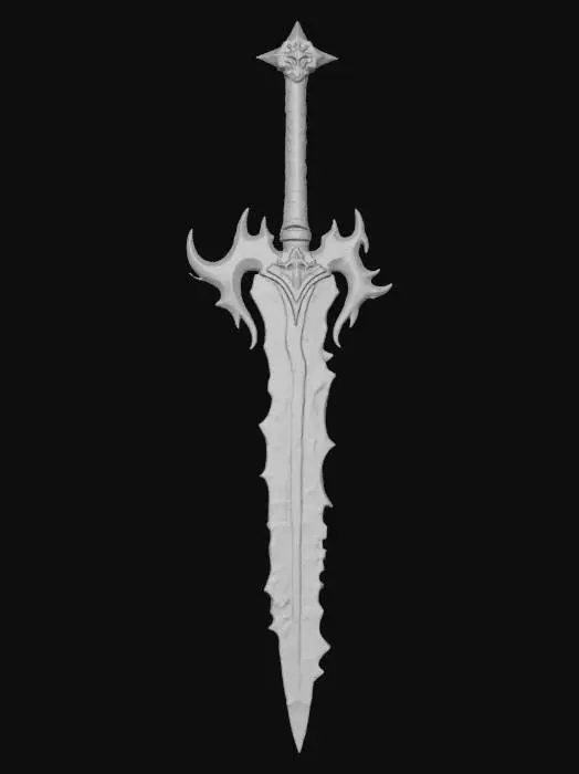 3D model for A dark, demonic long greatsword, forged of jagged black metal with crimson glowing cracks. Its blade is serrated and spiked. The guard is circular with sharp outward thorns, radiating sinister energy. Edges burn with ember-like glow, exuding a cursed, otherworldly presence. The great sword is shaped like cybersigilism.