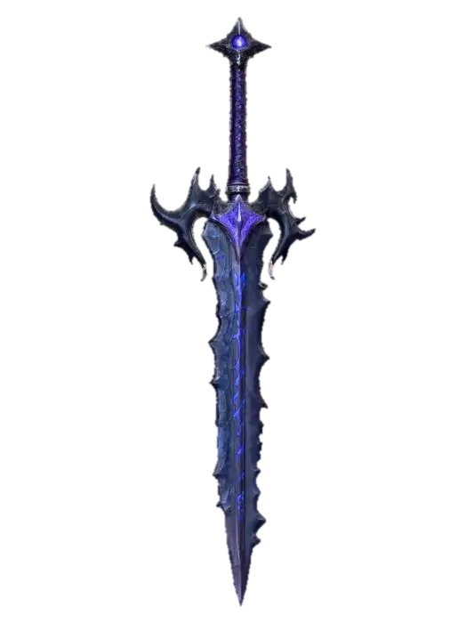 A dark, demonic long greatsword, forged of jagged black metal with crimson glowing… - Cursed 3D model, vytvořený pomocí AI