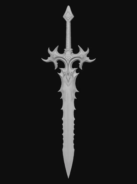 3D model for A dark, soul demonic long greatsword shaped like cybersigilism, forged of jagged black metal with flame-yellow like pattern glowing cracks. Its blade is serrated and spiked. The guard is circular with sharp outward thorns, radiating sinister energy. Edges burn with ruby-like glow, exuding a cursed, otherworldly presence.