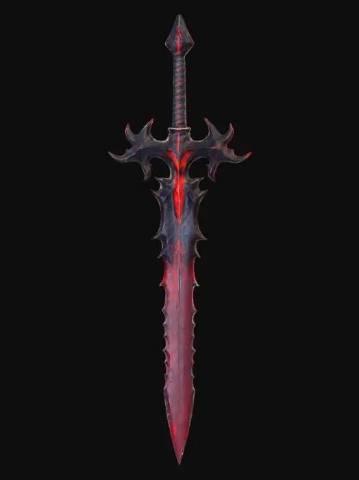 3D model for A dark, soul demonic long greatsword shaped like cybersigilism, forged of jagged black metal with flame-yellow like pattern glowing cracks. Its blade is serrated and spiked. The guard is circular with sharp outward thorns, radiating sinister energy. Edges burn with ruby-like glow, exuding a cursed, otherworldly presence.