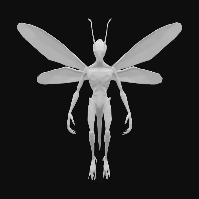 3D model for A translucent humanoid creature with dragonfly wings, the wings looking like midnight colors with purple lightning’s all over wings. The creature has dry nightmarish head. Slender decaying body type, with crimson veins on body 