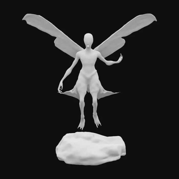 3D model for A levitating half naked human sentinel, dragonfly wings type, the wings are dark with purple electric lightning’s all over the wings. nightmarish big spere head with mouth spreaded wide open, no eyes. Slender pale decaying body type, with crimson veins pulsing on skin, sharp talons. The character has black and grey divine long tattered greek style clothes, monster mutation 