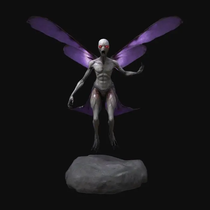 3D model for A levitating half naked human sentinel, dragonfly wings type, the wings are dark with purple electric lightning’s all over the wings. nightmarish big spere head with mouth spreaded wide open, no eyes. Slender pale decaying body type, with crimson veins pulsing on skin, sharp talons. The character has black and grey divine long tattered greek style clothes, monster mutation 
