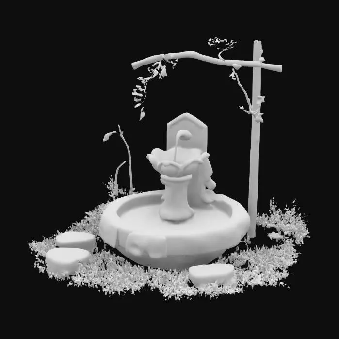 3D model for A small stone fountain sits at the center, moss gently growing along its base. Water trickles from a lily-shaped spout, flowing into a shallow basin with soft ripples. Surrounding it are round stepping stones, slightly weathered, with patches of grass between them. Vines curl along a wooden trellis nearby, dotted with tiny pink blossoms. The textures are earthy and natural rough stone, soft moss, and smooth petals creating a peaceful, handcrafted look with warm, carved #Garden#