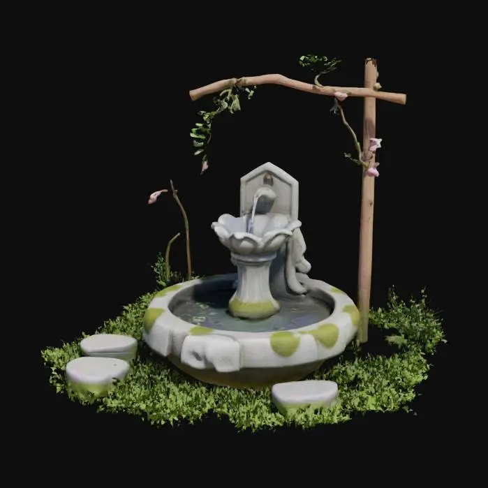 3D model for A small stone fountain sits at the center, moss gently growing along its base. Water trickles from a lily-shaped spout, flowing into a shallow basin with soft ripples. Surrounding it are round stepping stones, slightly weathered, with patches of grass between them. Vines curl along a wooden trellis nearby, dotted with tiny pink blossoms. The textures are earthy and natural rough stone, soft moss, and smooth petals creating a peaceful, handcrafted look with warm, carved #Garden#