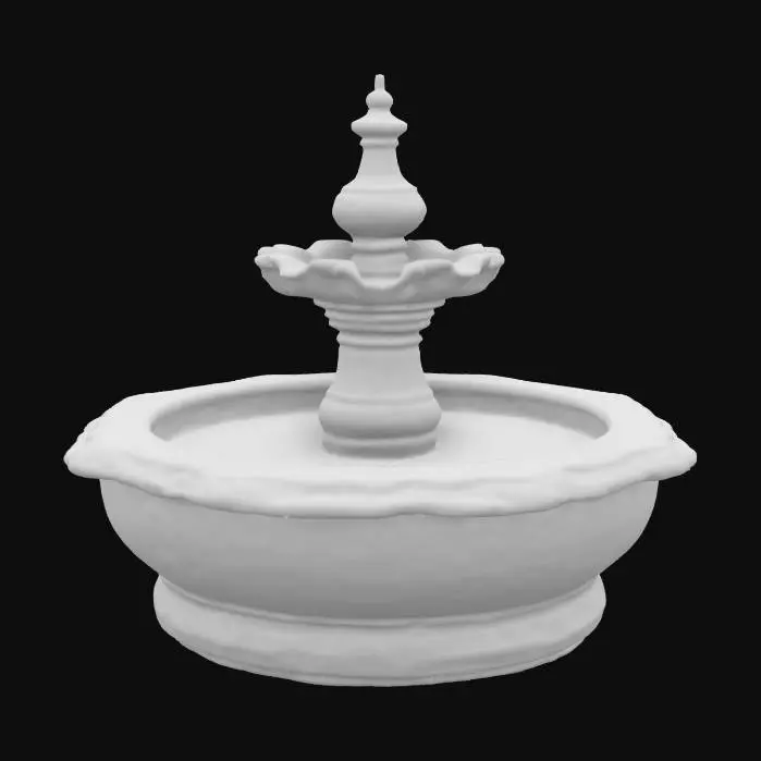 3D model for A small stone fountain sits at the center, moss gently growing along its base. Water trickles from a lily-shaped spout, flowing into a shallow basin with soft ripples. Surrounding it are round stepping stones, slightly weathered, with patches of grass between them. Vines curl along a wooden trellis nearby, dotted with tiny pink blossoms. The textures are earthy and natural rough stone, soft moss, and smooth petals creating a peaceful, handcrafted look with warm, carved , #garden#