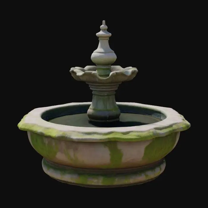 3D model for A small stone fountain sits at the center, moss gently growing along its base. Water trickles from a lily-shaped spout, flowing into a shallow basin with soft ripples. Surrounding it are round stepping stones, slightly weathered, with patches of grass between them. Vines curl along a wooden trellis nearby, dotted with tiny pink blossoms. The textures are earthy and natural rough stone, soft moss, and smooth petals creating a peaceful, handcrafted look with warm, carved , #garden#