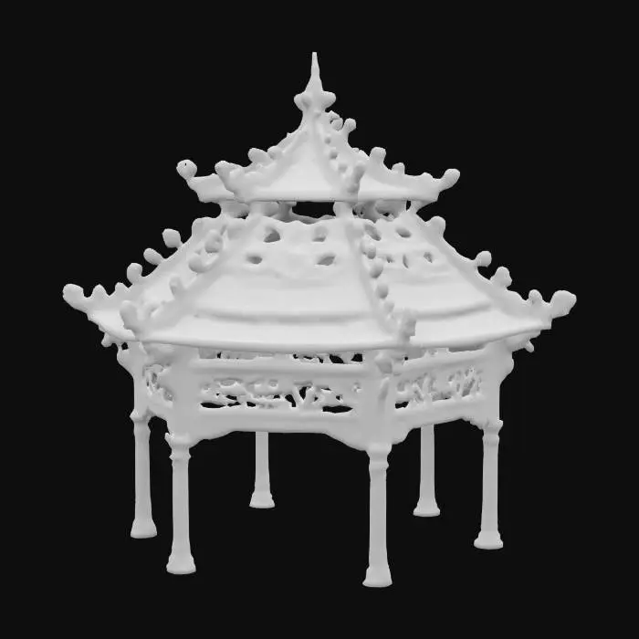 3D model for A beautiful #garden# gazebo, wooden ornamentally shaped, roof is creatively alien like architecture shaped, harmony gazebo.
