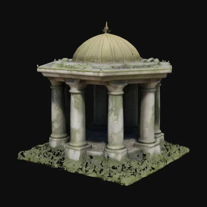 3D model for Ancient stone #garden# gazebo, weathered and cracked, draped in withered ivy. Its pillars are engraved with forgotten runes and multiple eyes randomly all over gazebo, partially eroded by time. A tarnished brass dome sits atop, pierced by thorns and roots from above. Moss clings to its base. And faded banners flutter in the ghostly wind, whispering sorrow, abstract agony