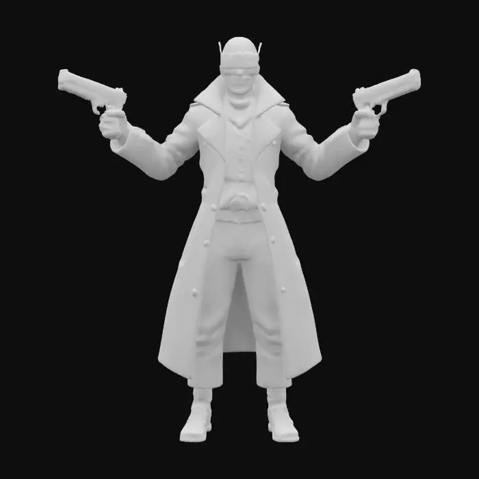 3D model for A humanoid gunslinger with 4 arms he has gun in everyhand, dark fantasy merged sci-fi style, he is blindfolded with fluttering bandana. he wears a black stylized coat, smiling with creepy smile.