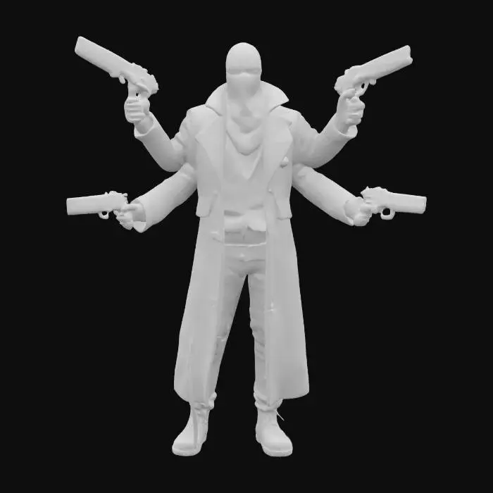 3D model for A humanoid gunslinger bandit with 4 arms he has sci-fi revolver gun in everyhand, dark fantasy merged sci-fi style, he is blindfolded with fluttering bandana. he wears a black stylized coat, smiling with creepy smile.
