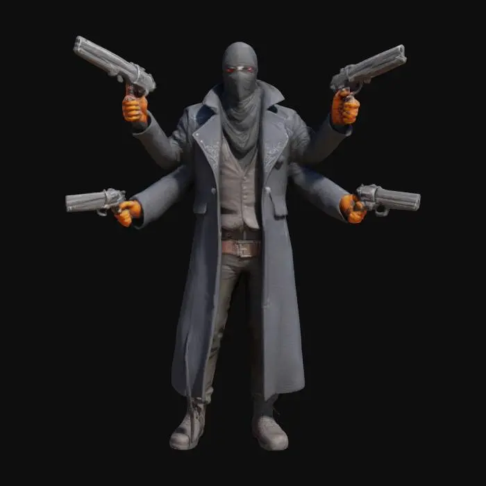 3D model for A humanoid gunslinger bandit with 4 arms he has sci-fi revolver gun in everyhand, dark fantasy merged sci-fi style, he is blindfolded with fluttering bandana. he wears a black stylized coat, smiling with creepy smile.