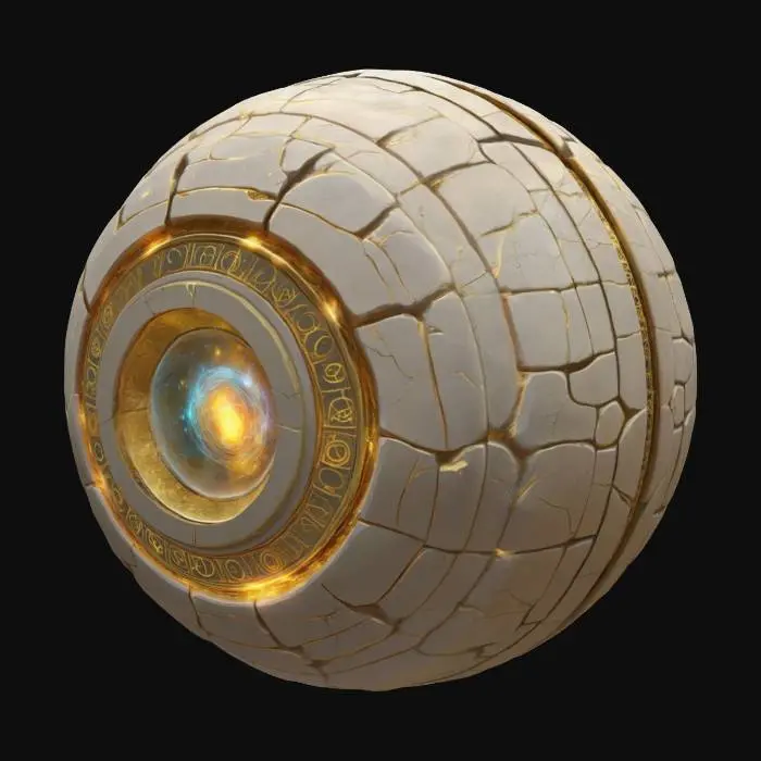 3D model for Design a floating ancient relic—an orb of cracked stone wrapped in golden rings that rotate slowly, emitting soft light beams. Runes glow across its surface, shifting like constellations. Inside, a swirling galaxy core pulses with energy. It hovers silently, reacting to nearby movement with subtle hums. The asset should fit a mystical sci-fi world, combining magic and technology,