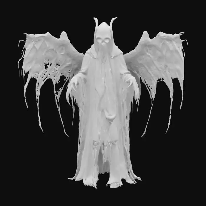 3D model for the Weeping Wraith, a spectral creature bound in tattered robes made of ghostly like shadows. Its face is a white mask of endless sorrow, with tears. Long, bony arms. Surreal mutated unnaturally shaped wings of decaying, translucent feathers flutter in silence.is Style is dark, surreal, and mournful.