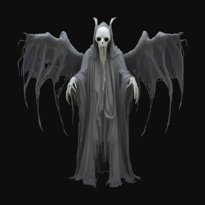 3D model for the Weeping Wraith, a spectral creature bound in tattered robes made of ghostly like shadows. Its face is a white mask of endless sorrow, with tears. Long, bony arms. Surreal mutated unnaturally shaped wings of decaying, translucent feathers flutter in silence.is Style is dark, surreal, and mournful.