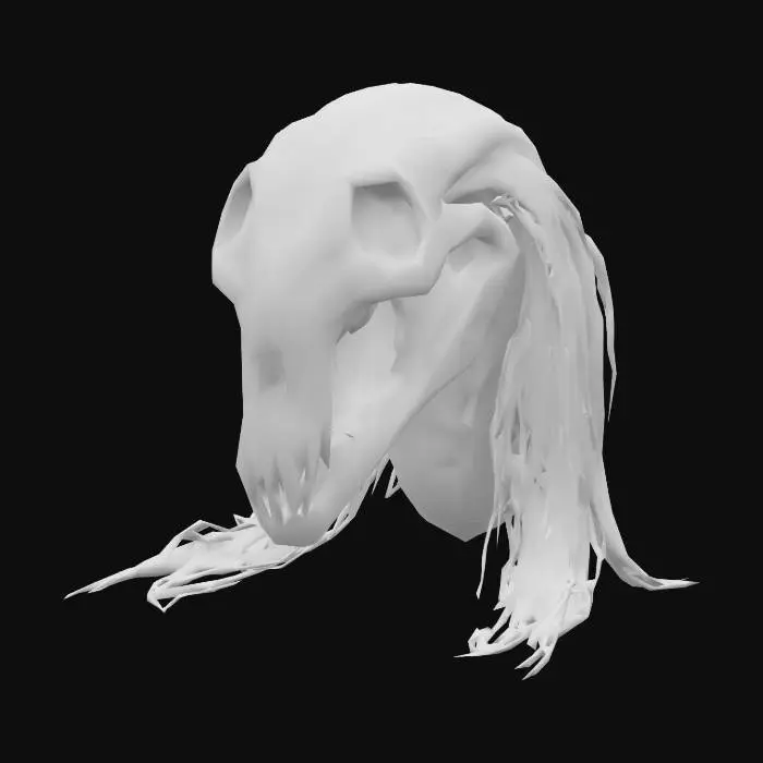 3D model for spine bone serpent with only white horrific mask as the head, long black straight hair, plucked hair. Style is dark fantasy sorrowful, surreal, tragic, eerie ambience.