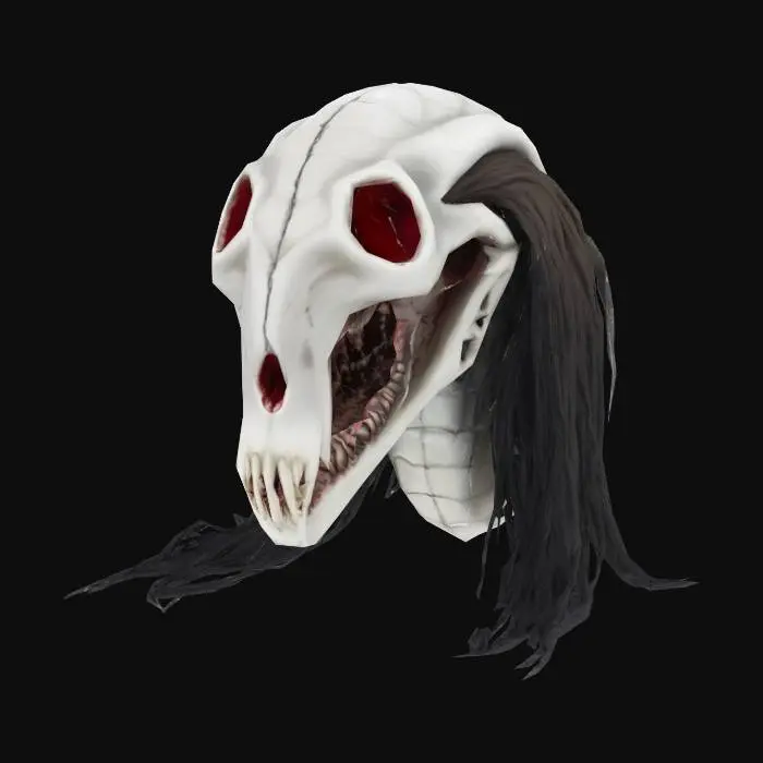 3D model for spine bone serpent with only white horrific mask as the head, long black straight hair, plucked hair. Style is dark fantasy sorrowful, surreal, tragic, eerie ambience.