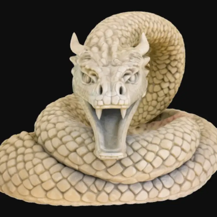 3D model for A stone sculpture of knoted great serpent with opened mouth having two fangs 