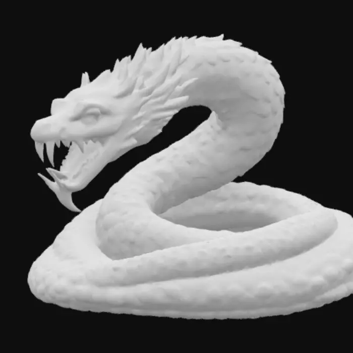 3D model for A stone sculpture of knoted great serpent with opened mouth having two fangs 