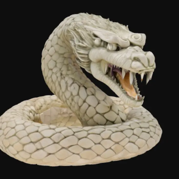 3D model for A stone sculpture of knoted great serpent with opened mouth having two fangs 