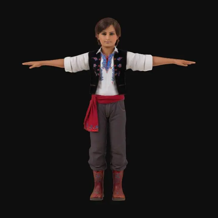 3D model for a proud figure in T-pose, wearing a richly embroidered traditional kroj. The shirt is crisp white with intricate red and blue stitching. A dark vest fitted snugly, decorated with delicate floral motifs. Trousers are tucked into worn leather boots. Around the waist, a wide, colorful sash flutters slightly. The face is youthful but marked by history, with kind eyes. The style is painterly realism, capturing the soul of rural Czech tradition in warm tones, #AroundTheWorld#