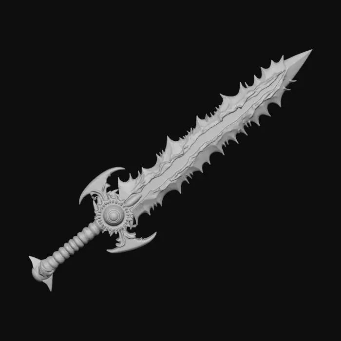 3D model for A dark, soul demonic long greatsword irregular and strange shape of blade , forged of jagged black metal with flame-yellow like pattern glowing cracks. Its blade is serrated and spiked. The guard is circular with sharp outward thorns and spikes, radiating sinister energy. Edges burn with ruby-like glow, exuding a cursed, otherworldly presence.