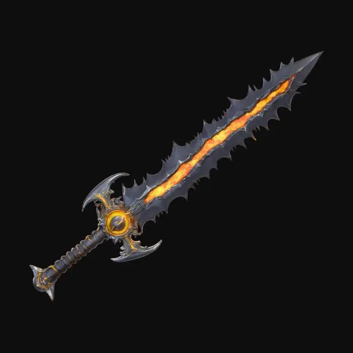 3D model for A dark, soul demonic long greatsword irregular and strange shape of blade , forged of jagged black metal with flame-yellow like pattern glowing cracks. Its blade is serrated and spiked. The guard is circular with sharp outward thorns and spikes, radiating sinister energy. Edges burn with ruby-like glow, exuding a cursed, otherworldly presence.