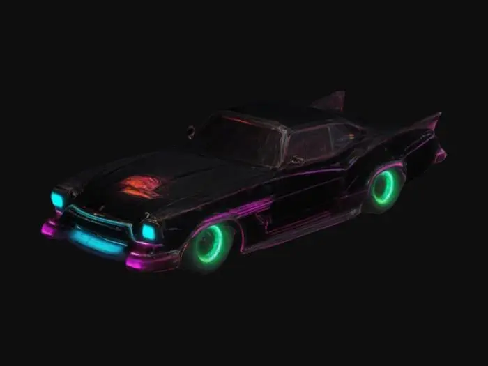 3D model for stylized, car, cyberpunk, gas station car, retro, neon lighting, black car, shiny paint finish, aesthetic
