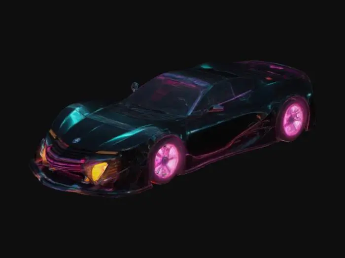 3D model for stylized, car, cyberpunk, gas station car, retro, neon lighting, black car, shiny paint finish, aesthetic
